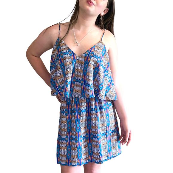 LEYDEN Womens DRESS MED Spaghetti Strap Tiered Bodice Lined V-Neck Blue White - Picture 9 of 9